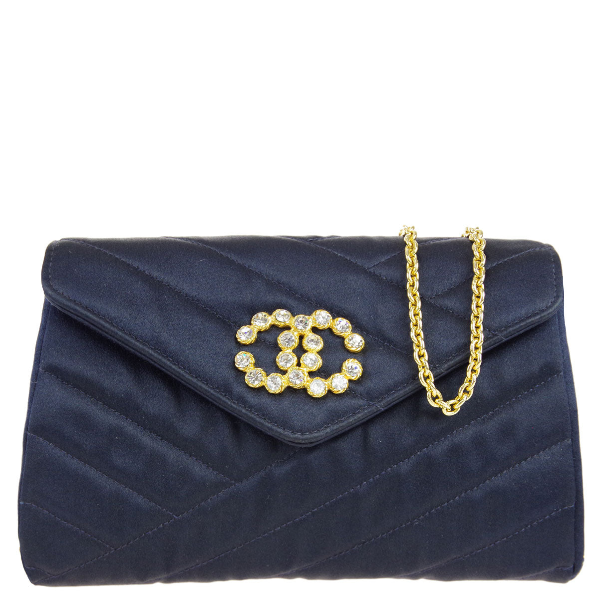 Chanel * Bias Stitch Rhinestone Chain Shoulder Bag Navy Satin