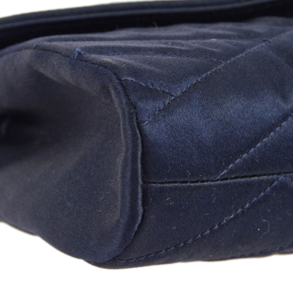 Chanel * Bias Stitch Rhinestone Chain Shoulder Bag Navy Satin