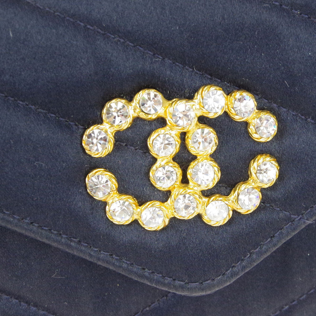 Chanel * Bias Stitch Rhinestone Chain Shoulder Bag Navy Satin