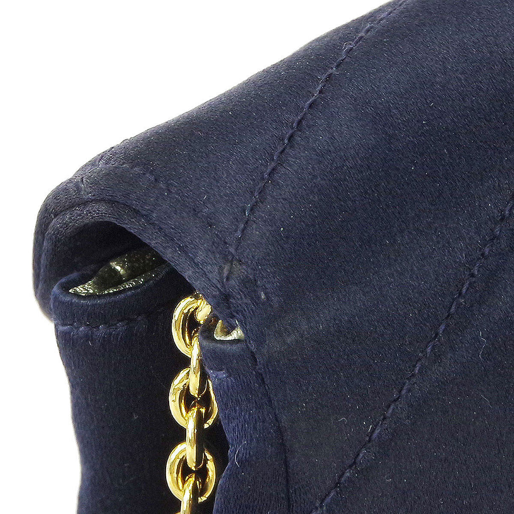 Chanel * Bias Stitch Rhinestone Chain Shoulder Bag Navy Satin