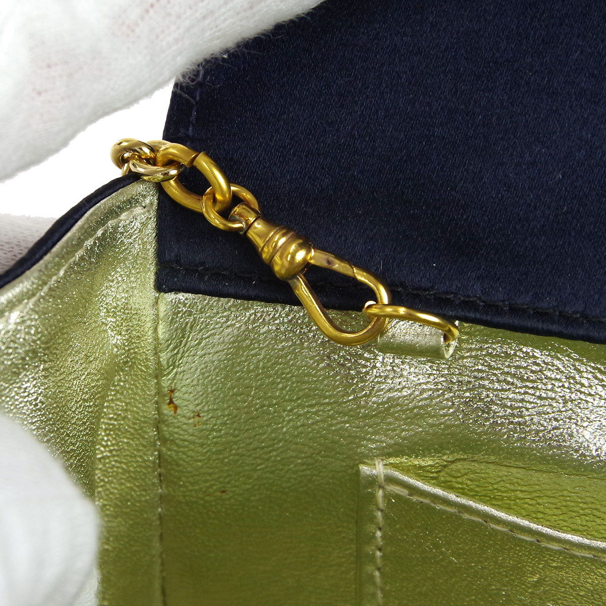 Chanel * Bias Stitch Rhinestone Chain Shoulder Bag Navy Satin