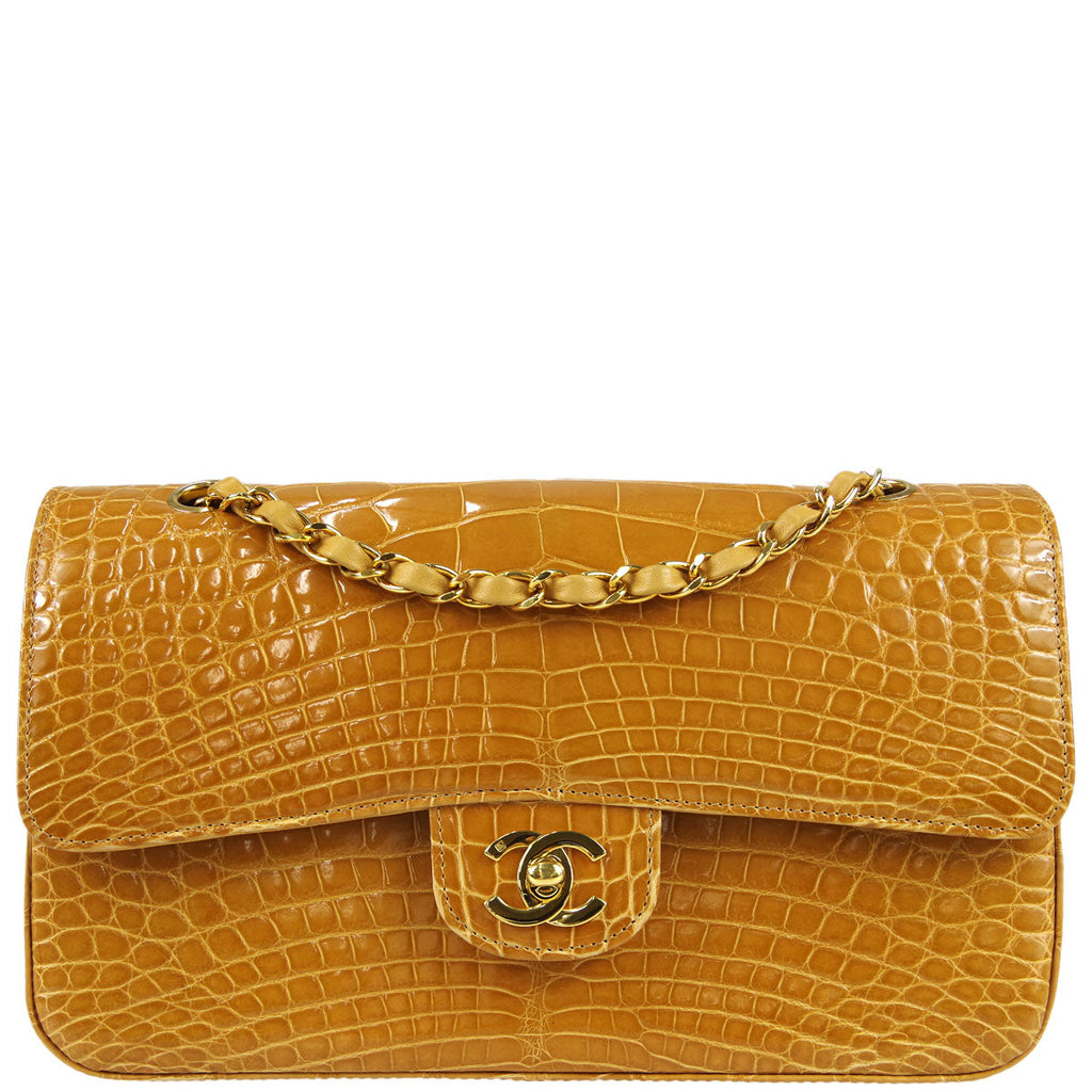 Chanel * 2003-2004 Classic Double Flap Medium Shoulder Bag Brown Crocodile