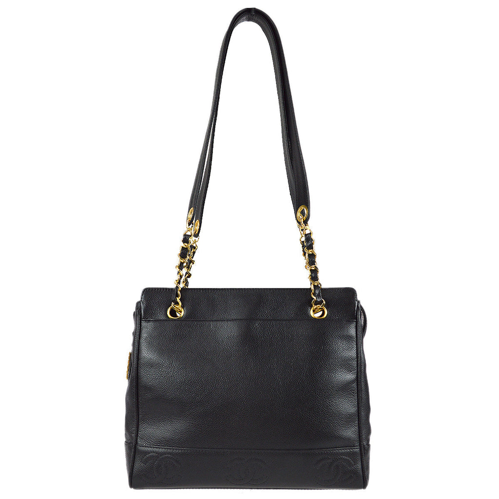 Chanel Triple CC Chain Shoulder Tote Bag Black Caviar