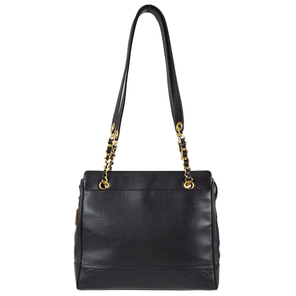 Chanel Triple CC Chain Shoulder Tote Bag Black Caviar