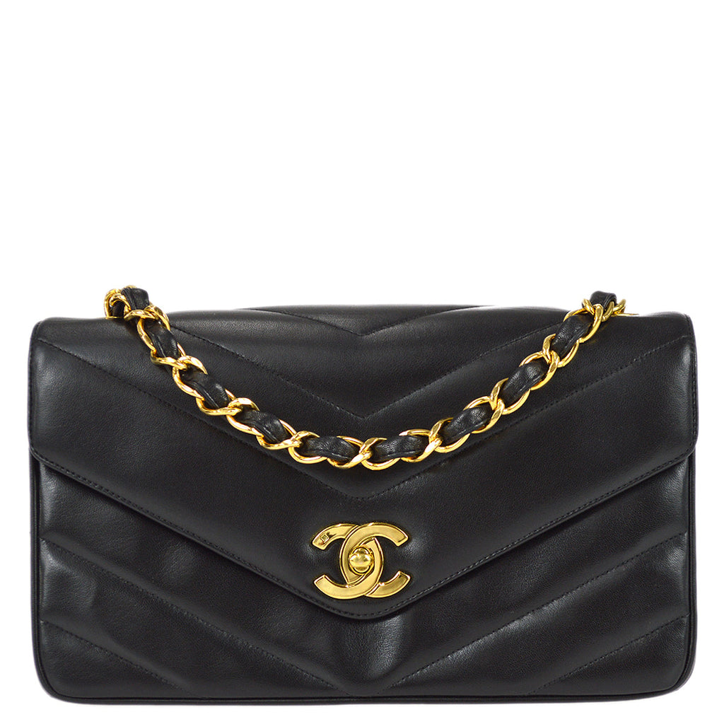 Chanel 1994-1996 Black Lambskin Large Chevron Letter Flap Bag