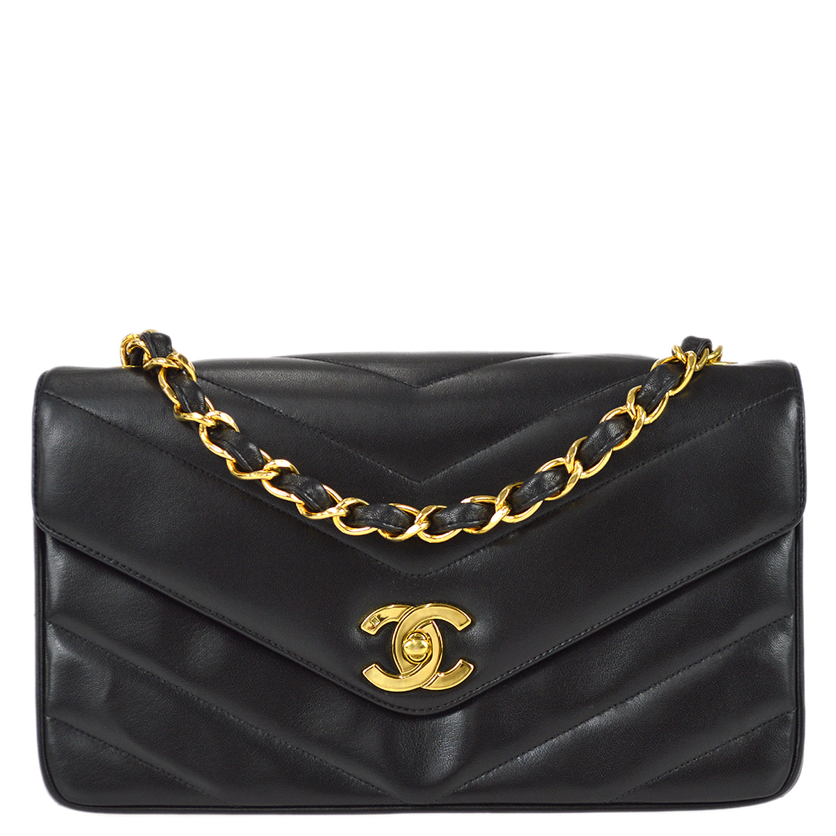 Chanel 1994-1996 Black Lambskin Large Chevron Letter Flap Bag