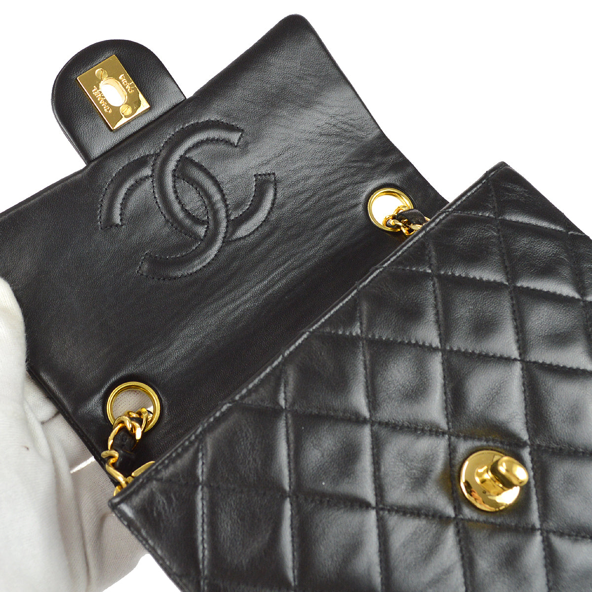 Chanel 1991-1994 Black Lambskin Mini Square Flap Bag 17
