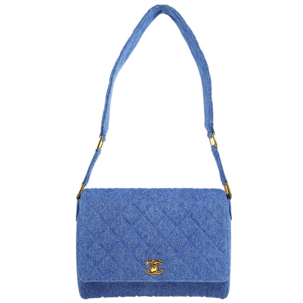 Chanel * Straight Flap Shoulder Bag Blue Denim