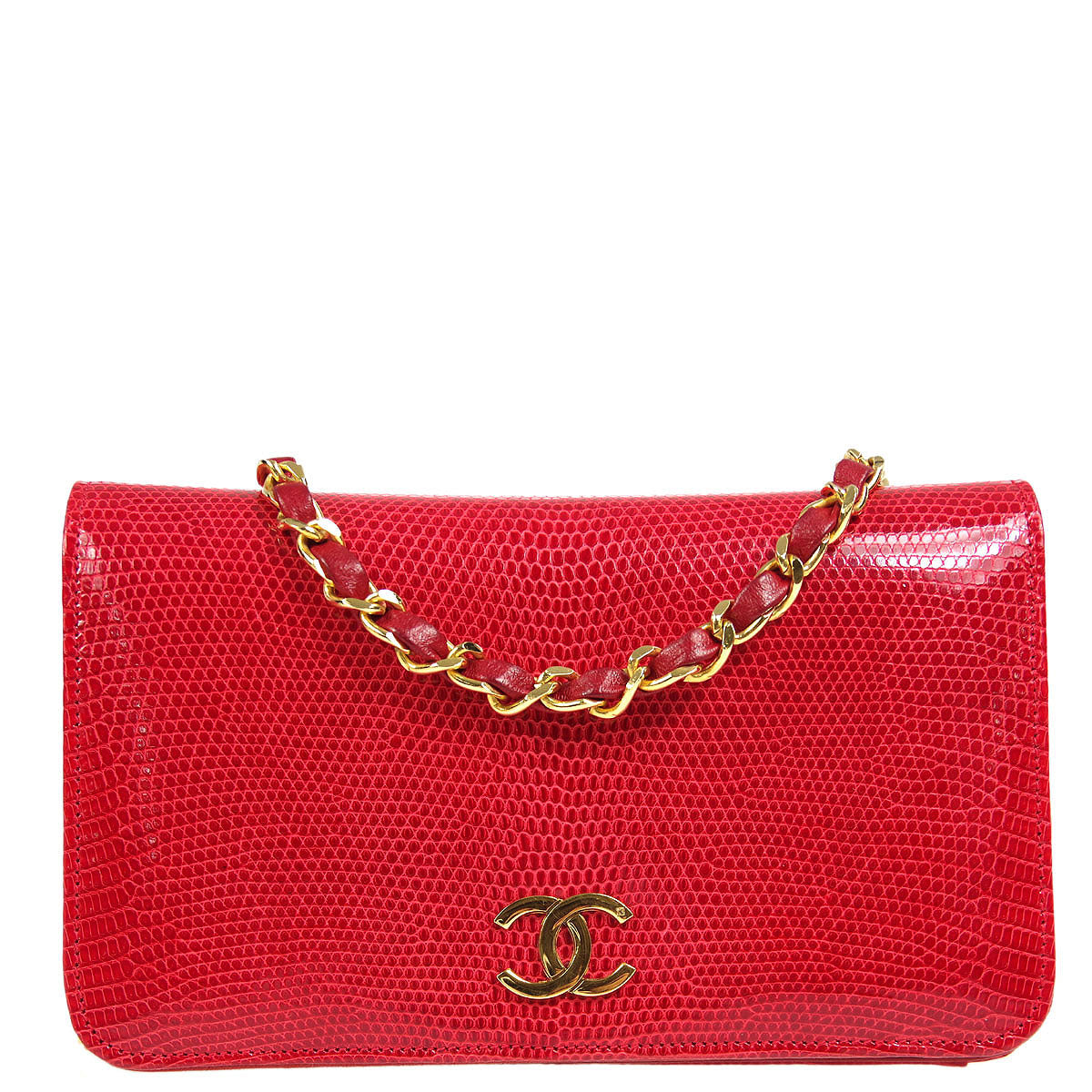 Chanel * Full Flap Chain Shoulder Bag Red Lizard