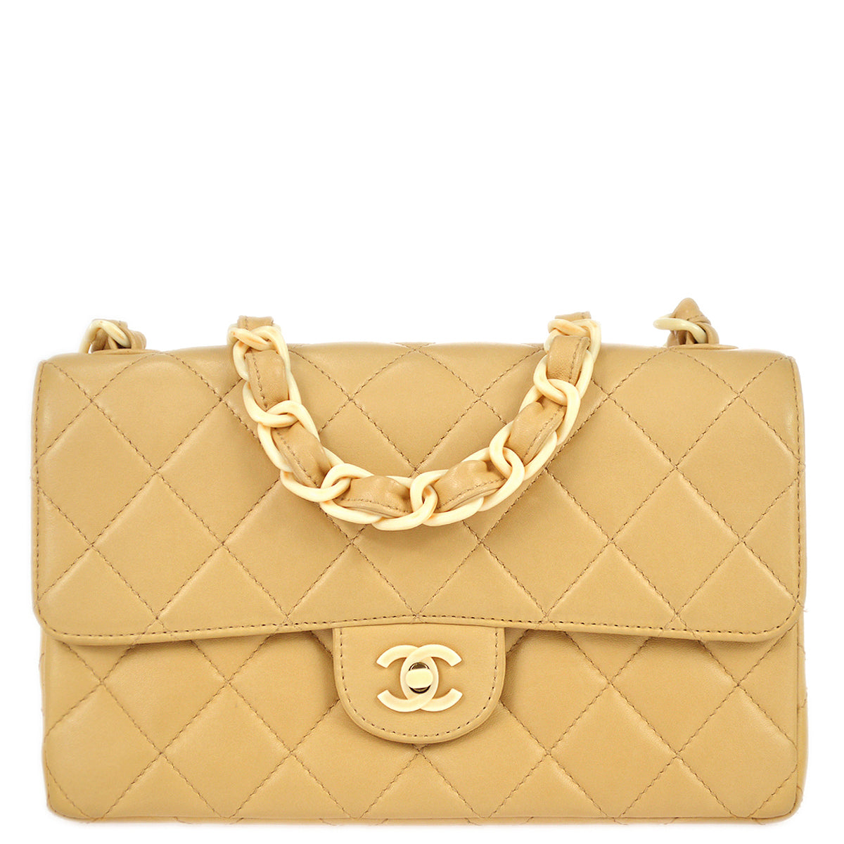 Chanel Classic Flap Acrylic Chain Shoulder Bag Beige Lambskin