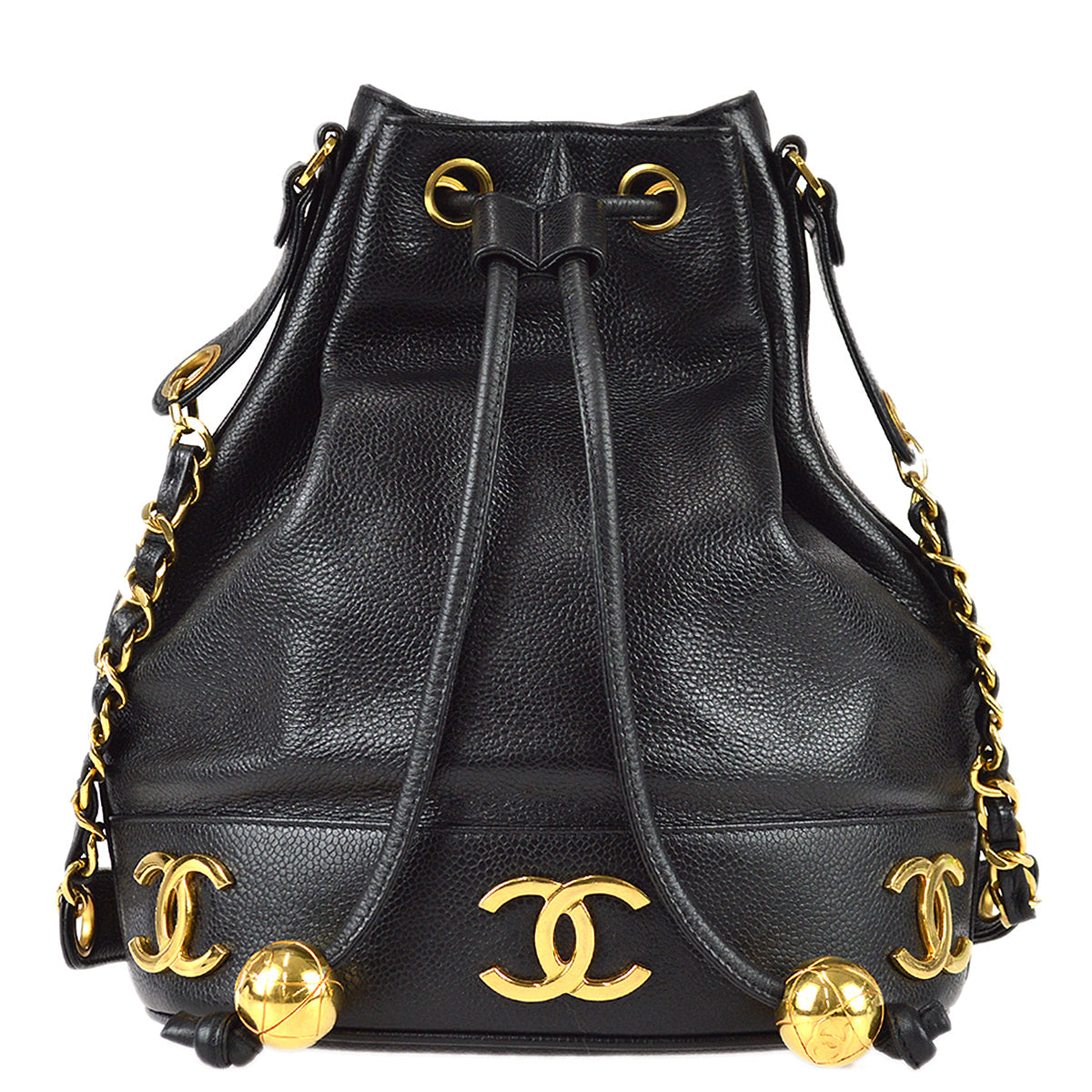 Chanel 1991-1994 Triple CC Bucket Shoulder Bag Black Caviar