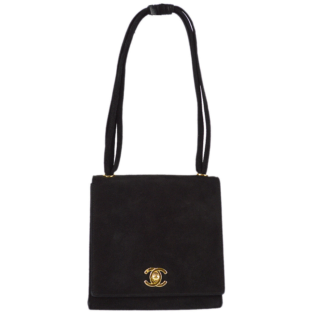 Chanel Straight Flap Handbag Black Suede