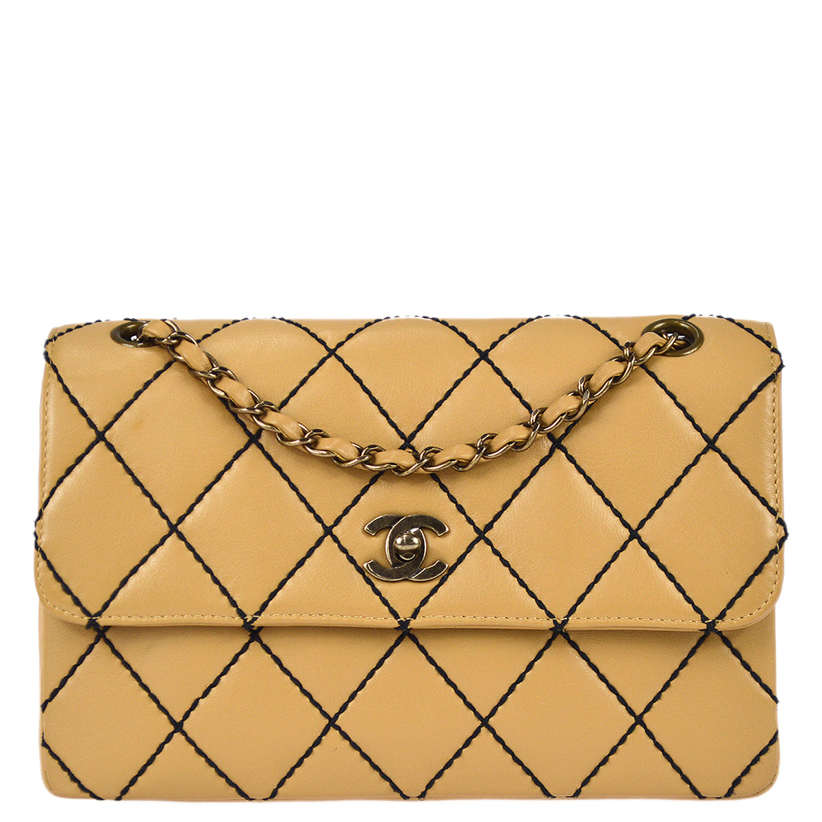 Chanel Beige Calfskin Wild Stitch Straight Flap Bag
