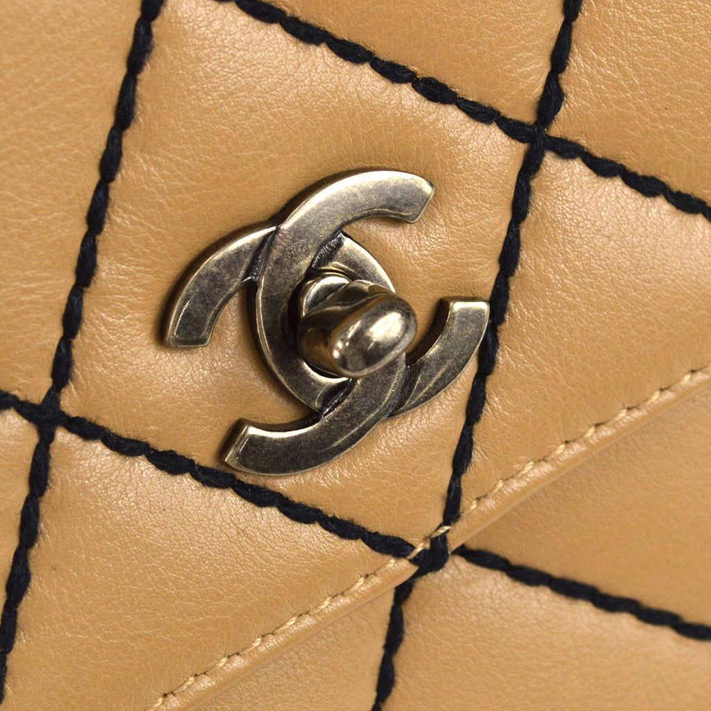Chanel Beige Calfskin Wild Stitch Straight Flap Bag