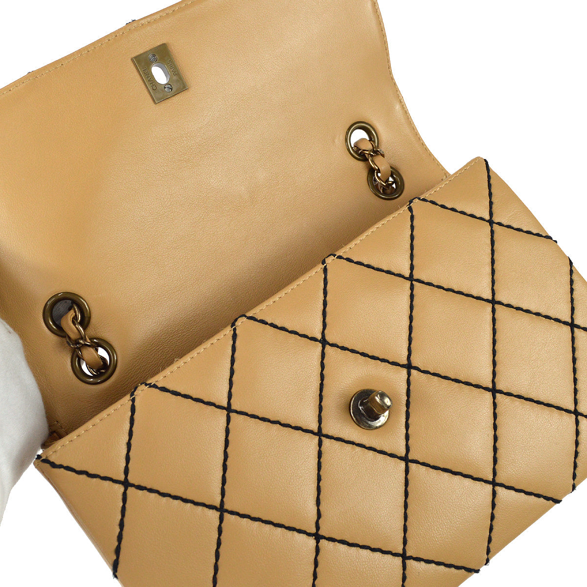 Chanel Beige Calfskin Wild Stitch Straight Flap Bag