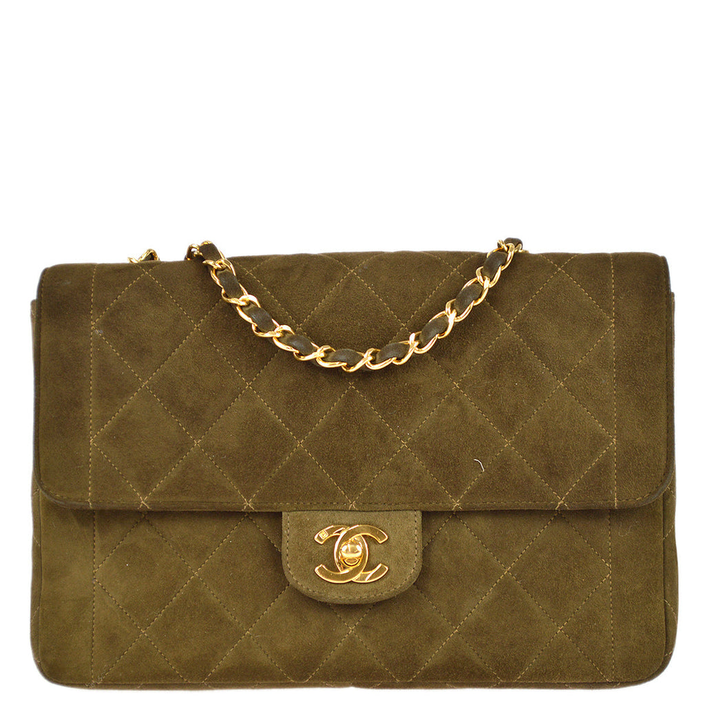 Chanel Classic Flap Double Chain Shoulder Bag Brown Suede