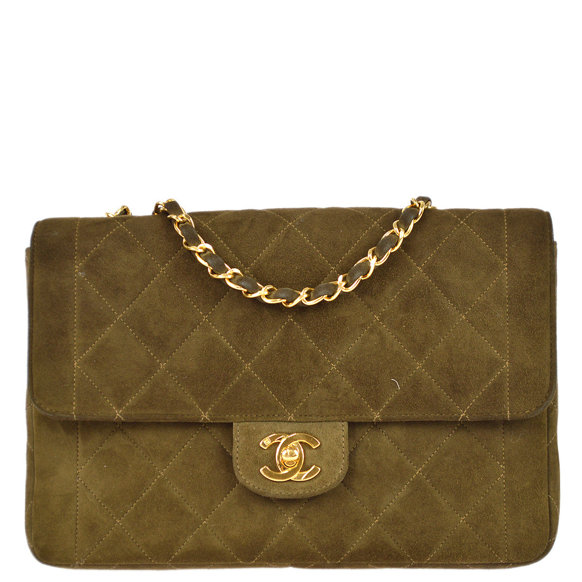 Chanel Classic Flap Double Chain Shoulder Bag Brown Suede