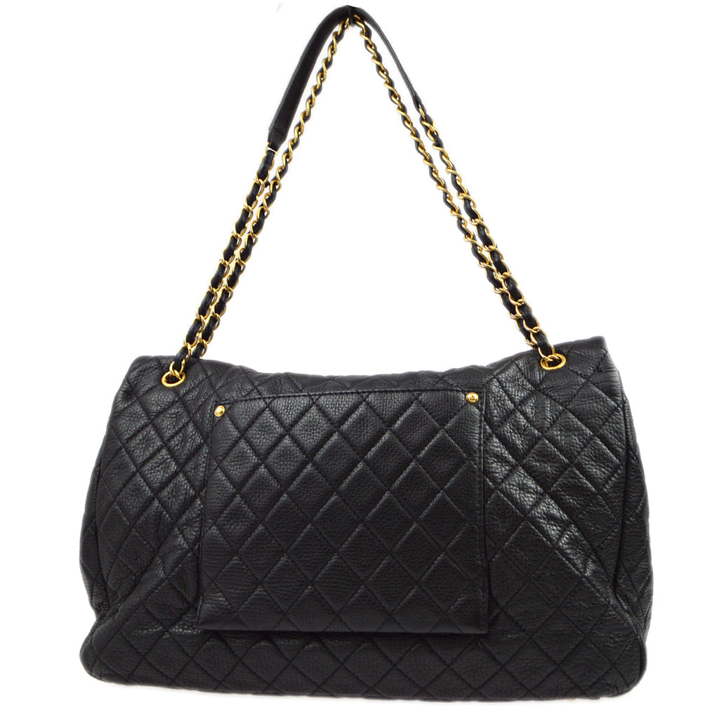 Chanel 2017-2018 Black Calfskin XXL Double Chain Flap Shoulder Bag