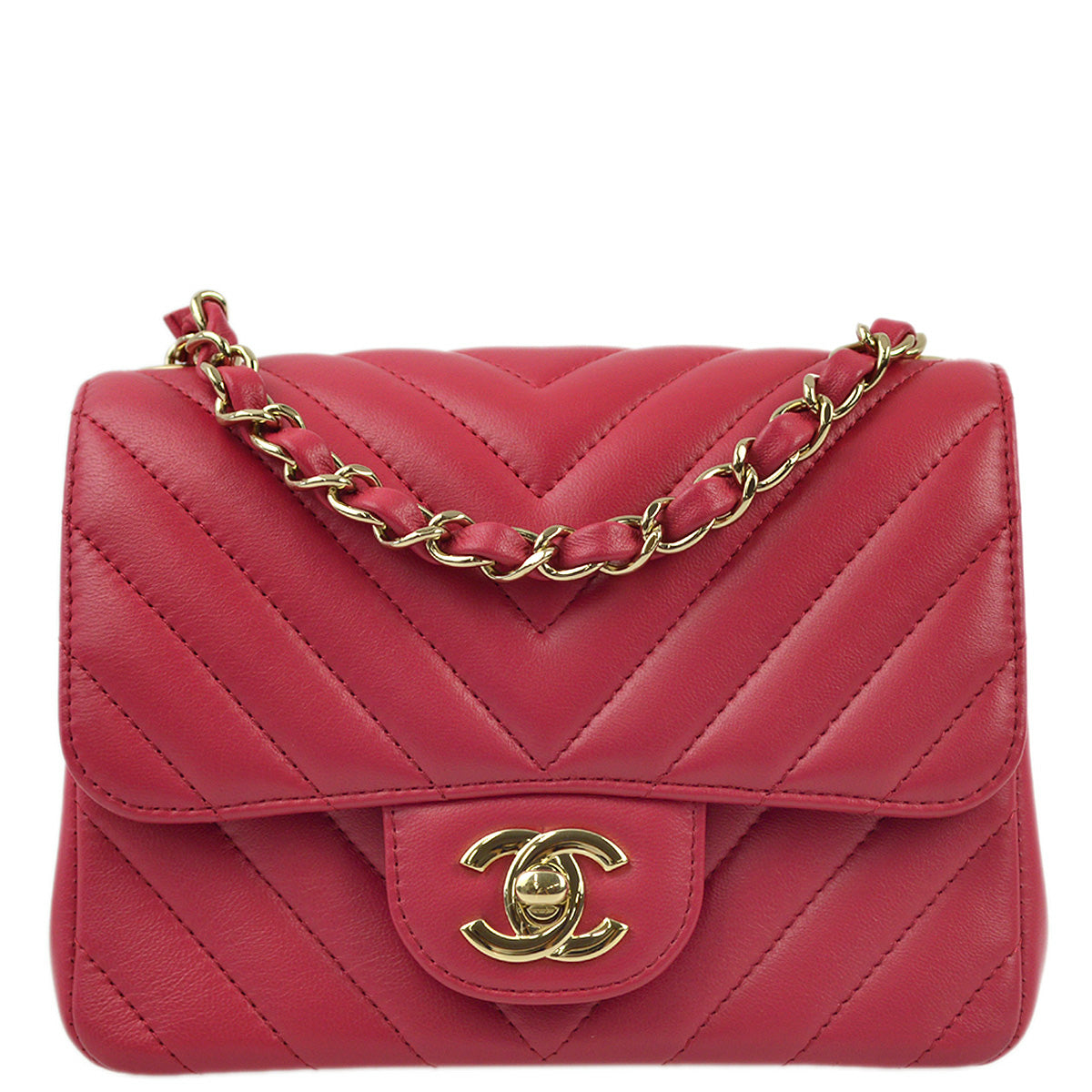 Chanel 2019 Pink Lambskin V-Stitch Mini Classic Square Flap Shoulder Bag 17