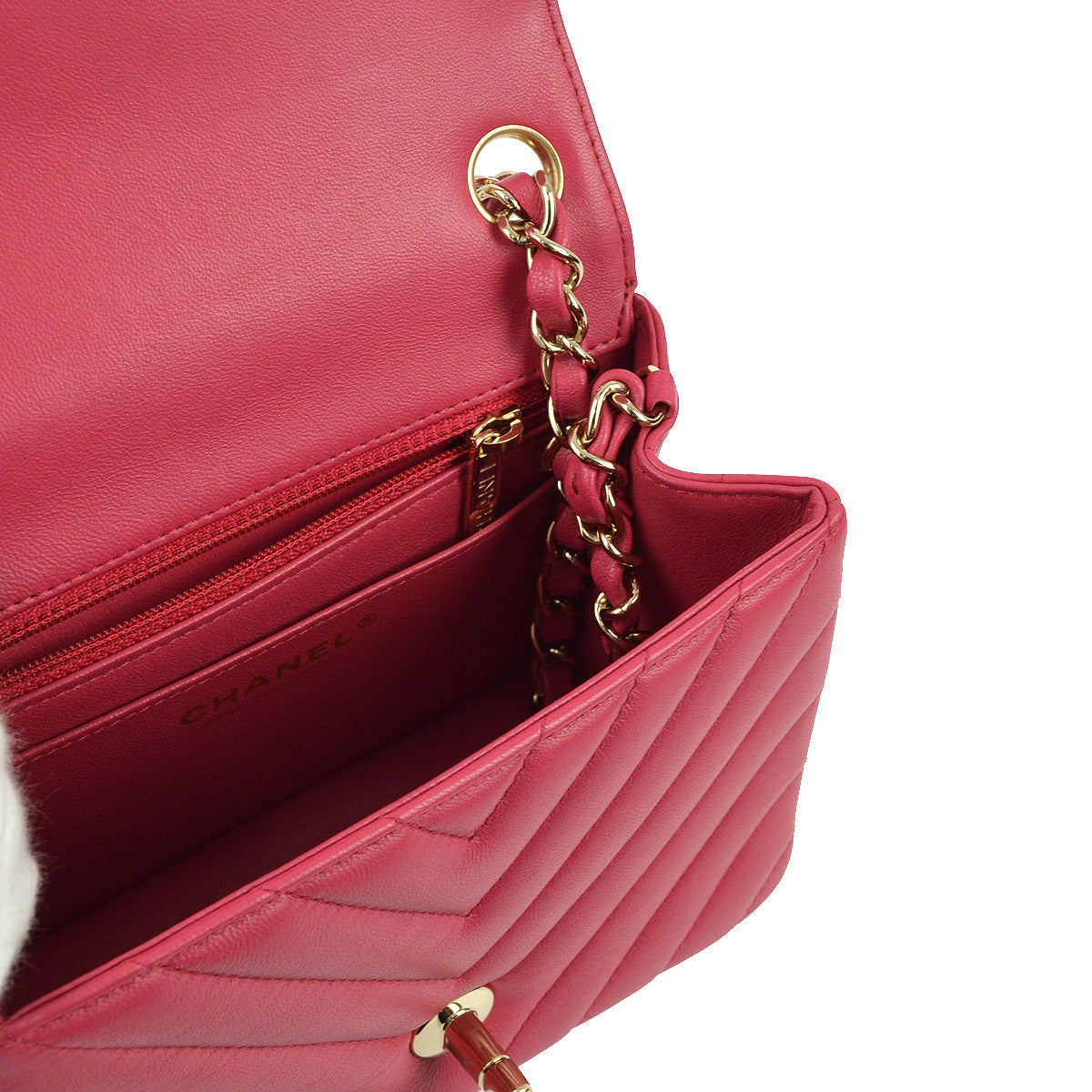 Chanel 2019 Pink Lambskin V-Stitch Mini Classic Square Flap Shoulder Bag 17