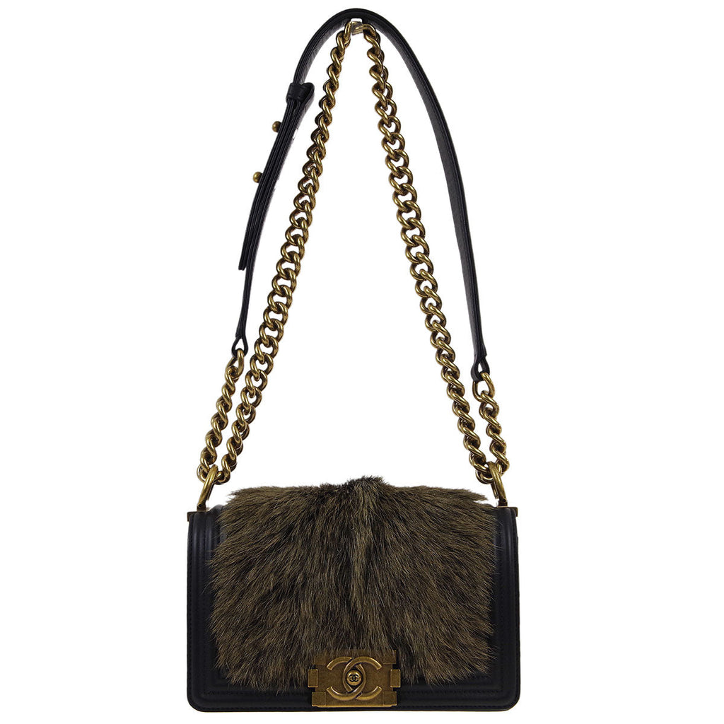 Chanel 2019 Small Boy Fur Lambskin Chain Shoulder Bag