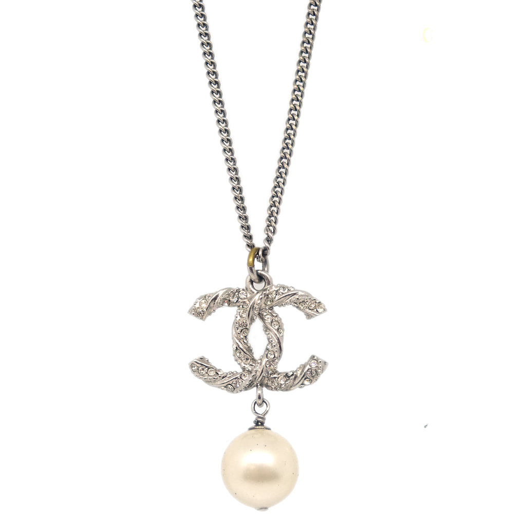 Chanel Silver Necklace Pendant Rhinestone Artificial Pearl C14V
