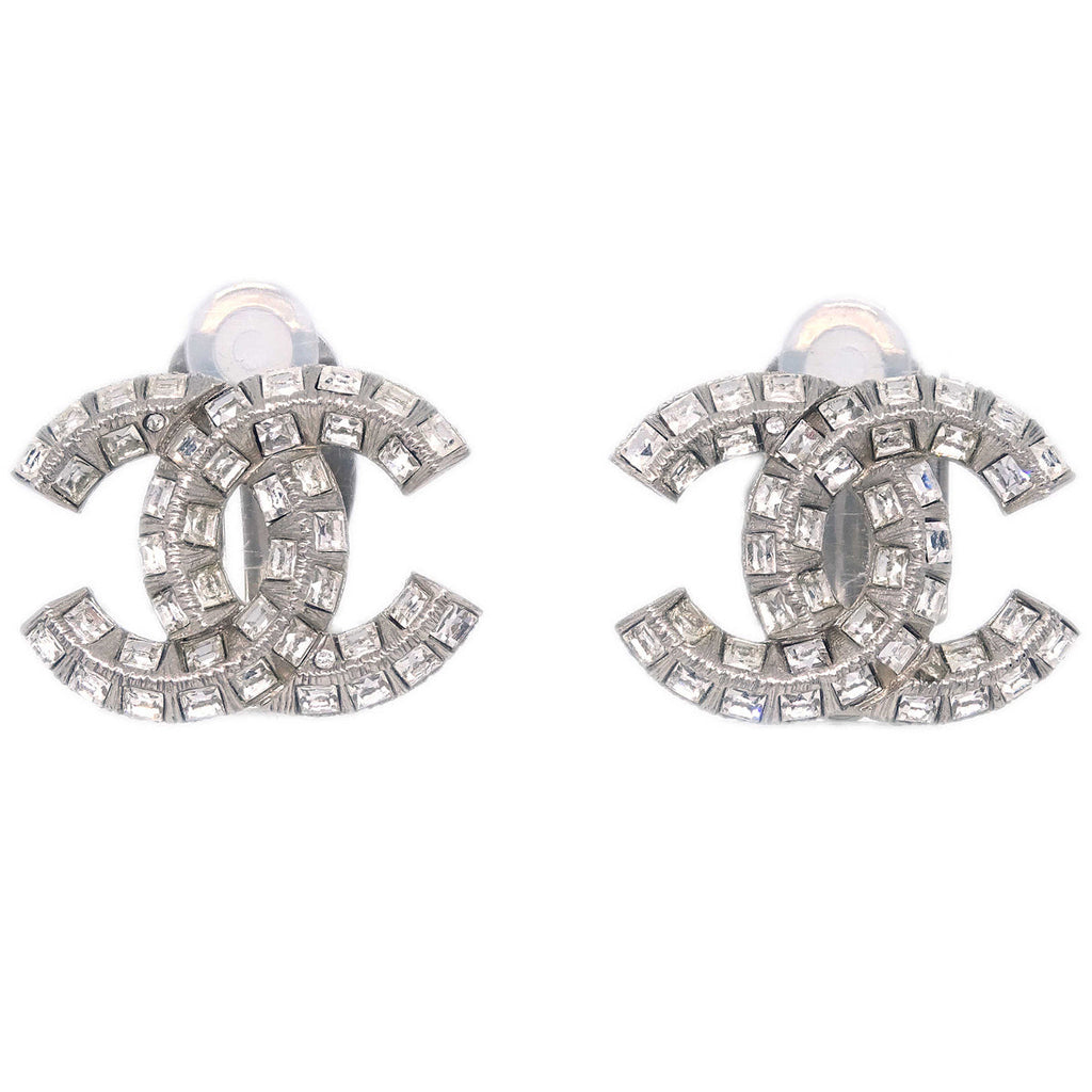 Chanel CC Rhinestone Earrings Clip-On Silver B13P