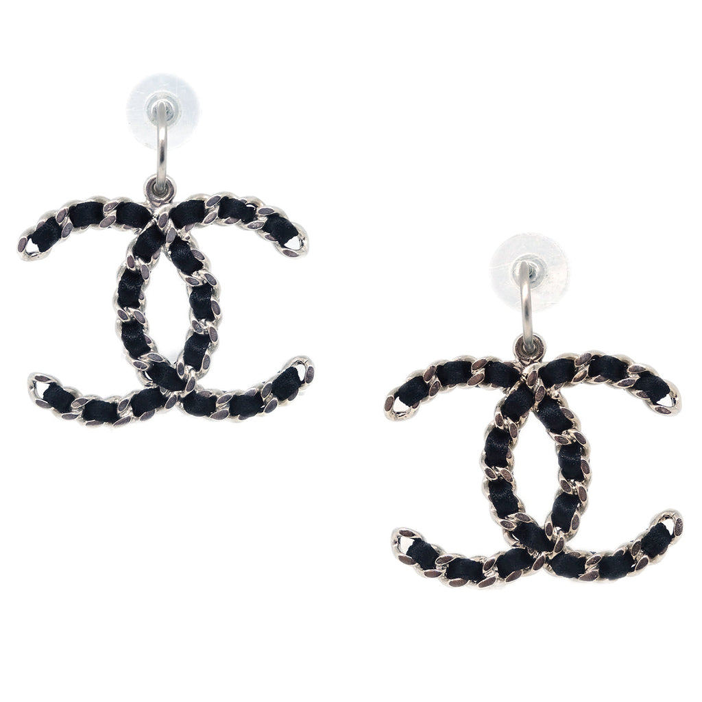 Chanel Dangle Piercing Earrings Silver Black B13S