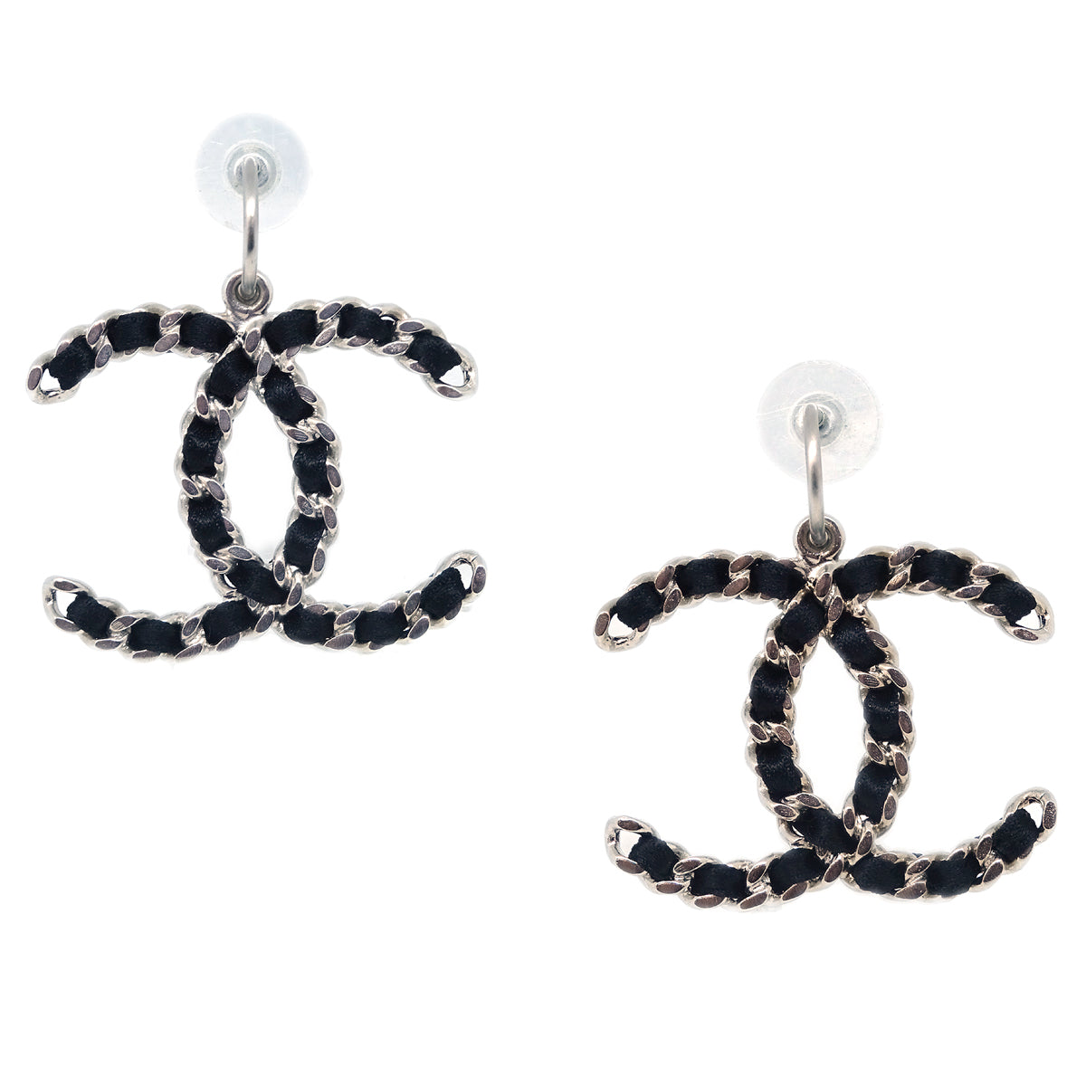 Chanel Dangle Piercing Earrings Silver Black B13S