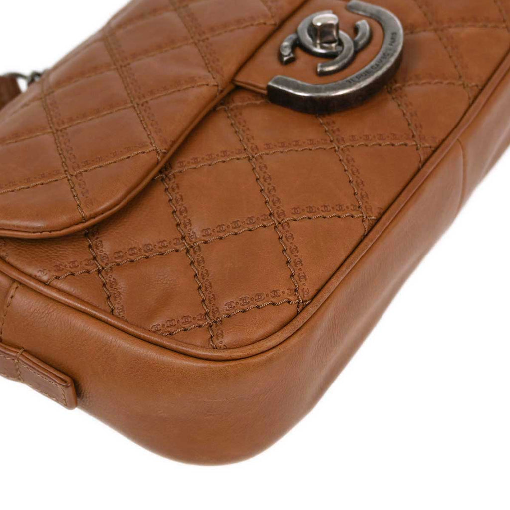 Chanel 2013-2014 Brown Calfskin Coco Sporran Double Chain Flap Bag