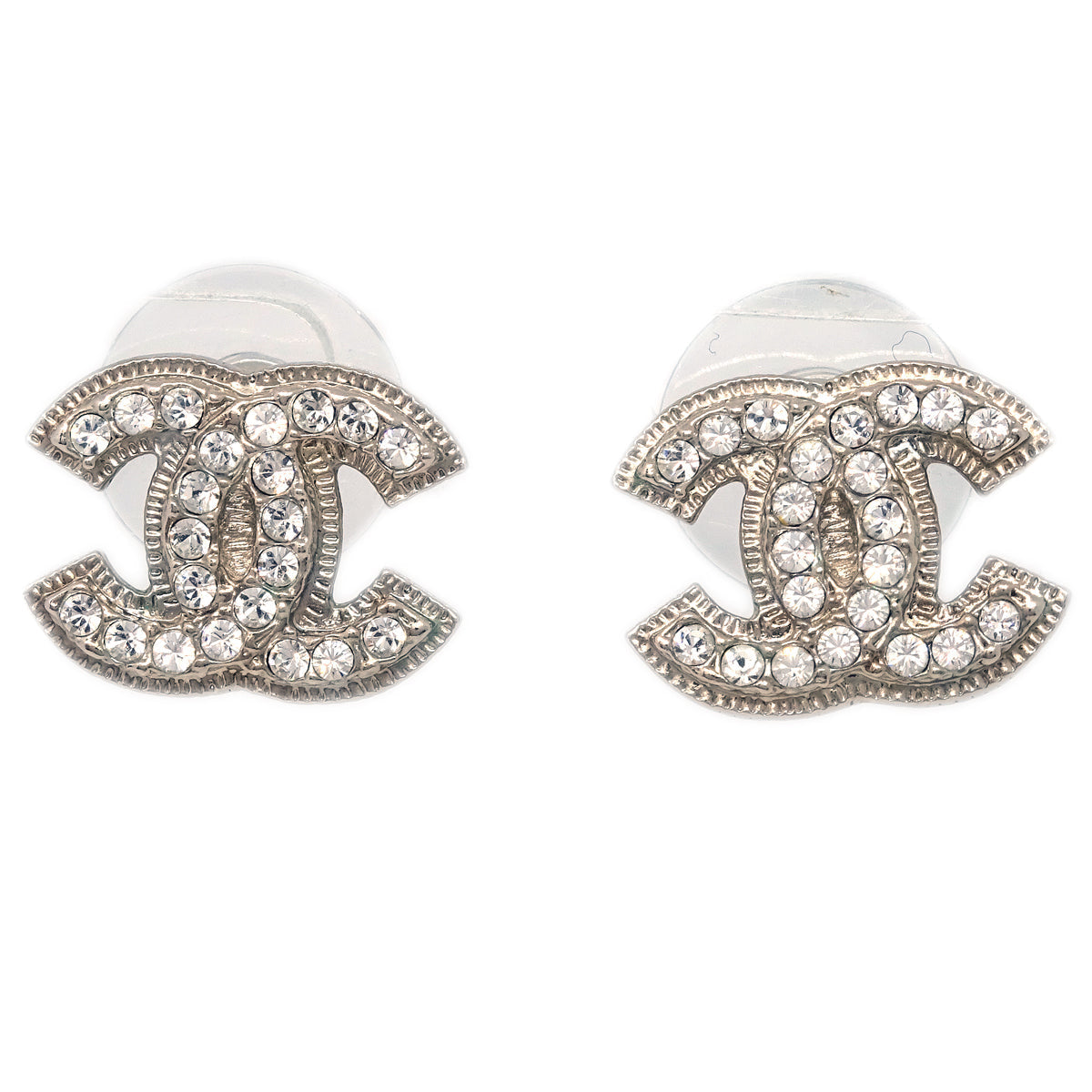 Chanel Piercing Earrings Rhinestone Silver A12V