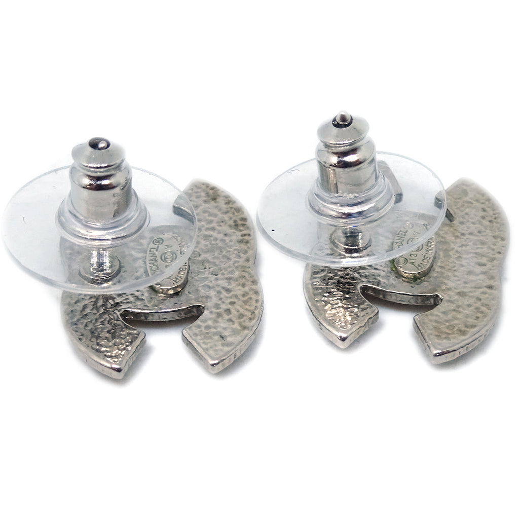 Chanel Piercing Earrings Rhinestone Silver A12V