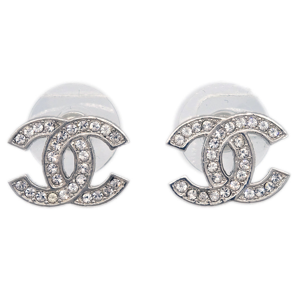 Chanel Piercing Earrings Rhinestone Silver B17V