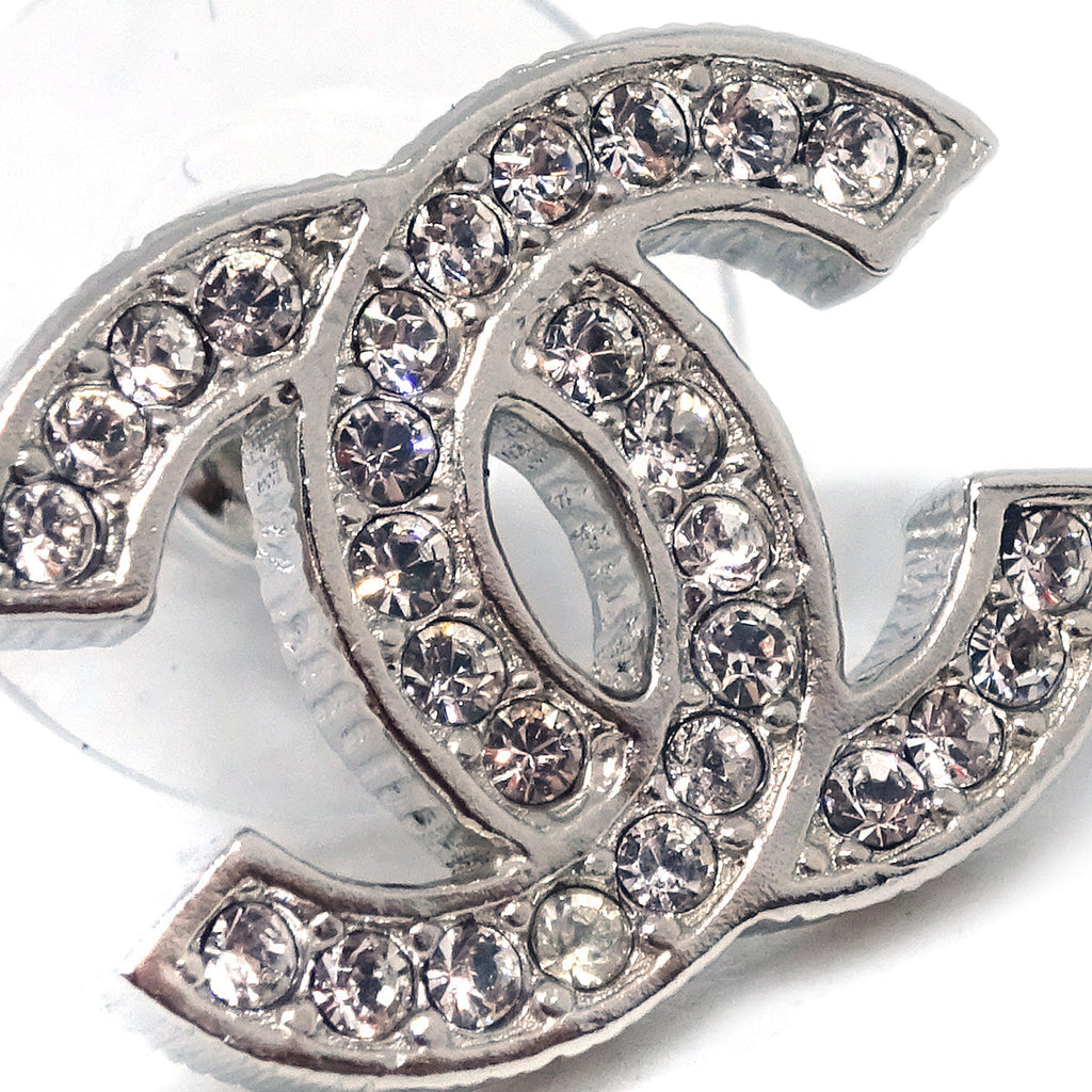 Chanel Piercing Earrings Rhinestone Silver B17V