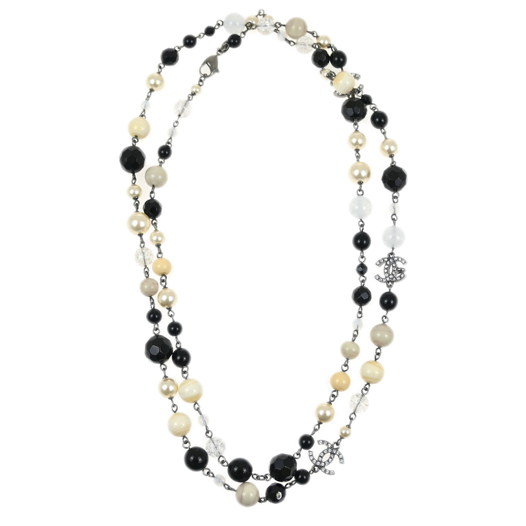 Chanel Chain Necklace Artificial Pearl Rhinestone Silver 10A