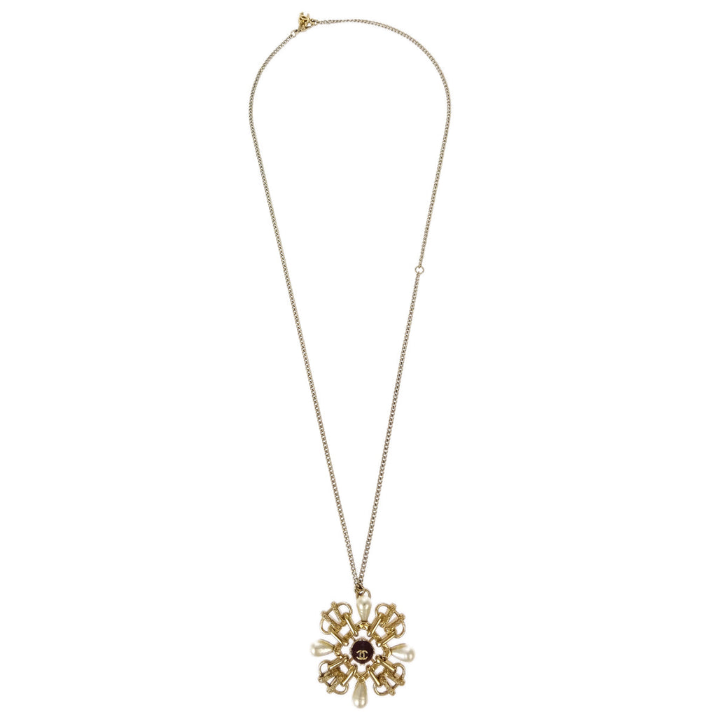 Chanel Chain Pendant Necklace Artificial Pearl Gold A17A