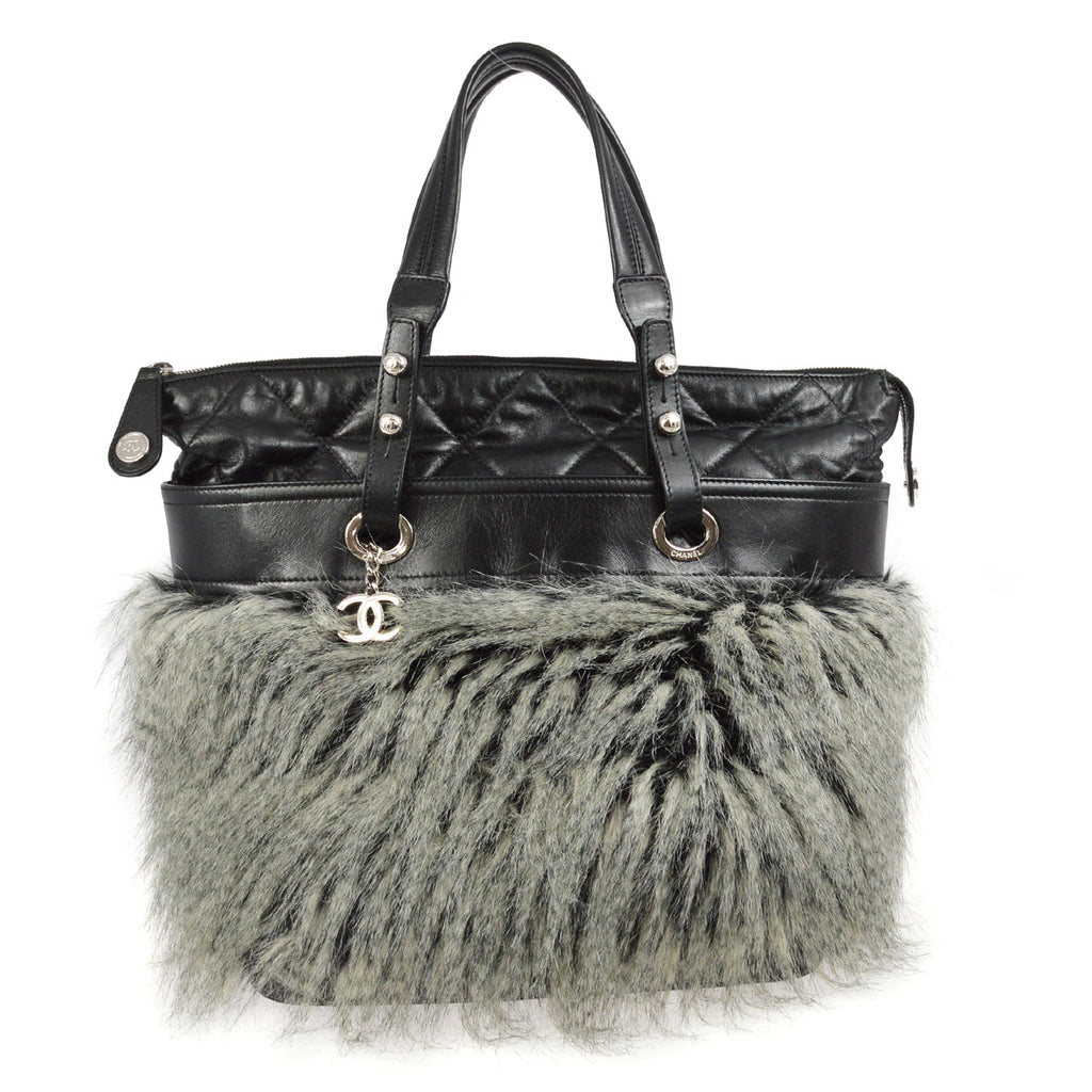 Chanel 2010-2011 Black Faux Fur Lambskin Paris-Biarritz Tote Handbag