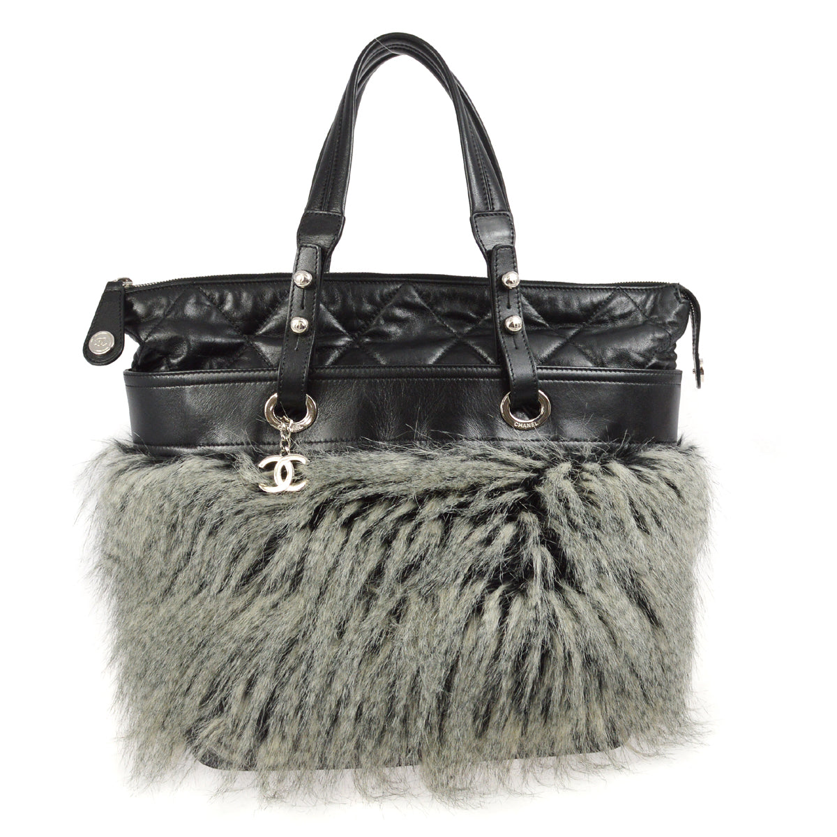 Chanel 2010-2011 Black Faux Fur Lambskin Paris-Biarritz Tote Handbag