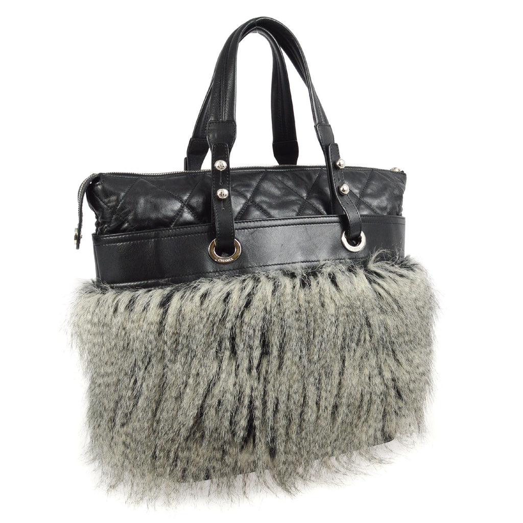 Chanel 2010-2011 Black Faux Fur Lambskin Paris-Biarritz Tote Handbag