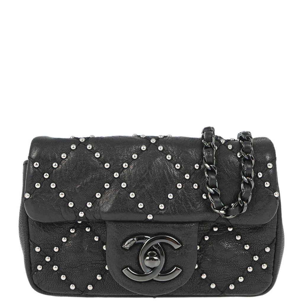 Chanel 2014 Black Lambskin Studded Classic Single Flap Shoulder Bag