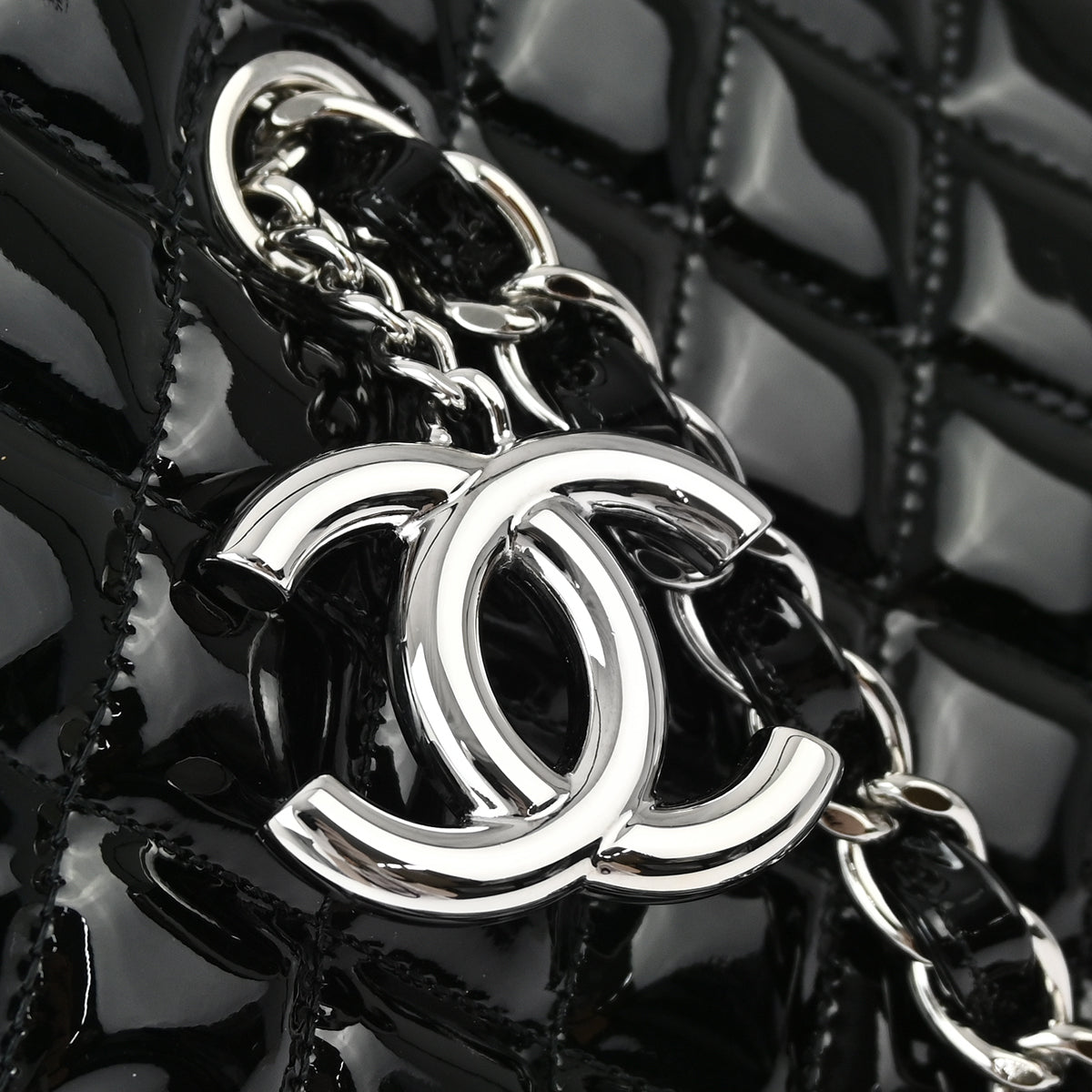 Chanel 2011 Black Patent Leather Maxi Mademoiselle Bowling Bag