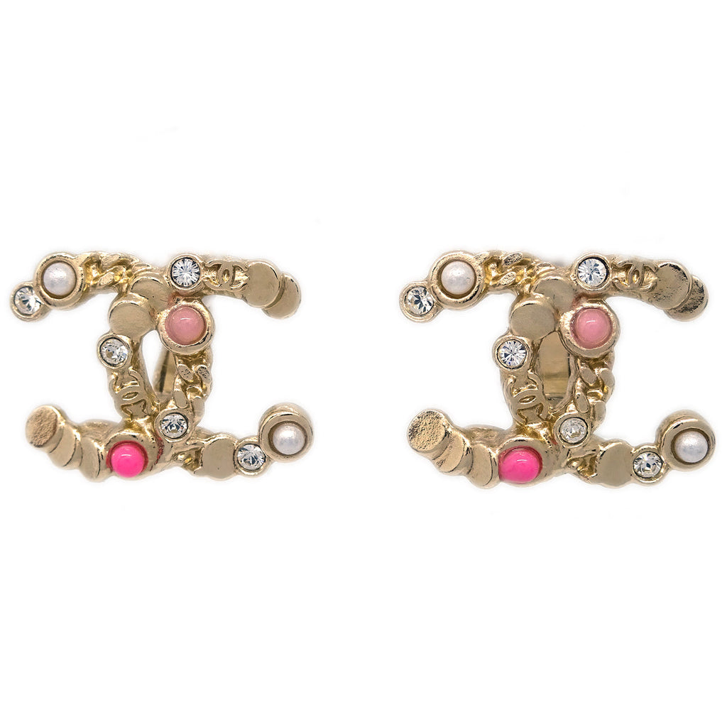 Chanel CC Earrings Clip-On Rhinestone Artificial Pearl Gold A19S