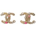 Chanel CC Earrings Clip-On Rhinestone Artificial Pearl Gold A19S