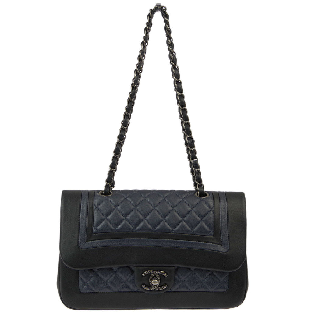 Chanel 2017-2018 Black Blue Lambskin Single Flap Shoulder Bag