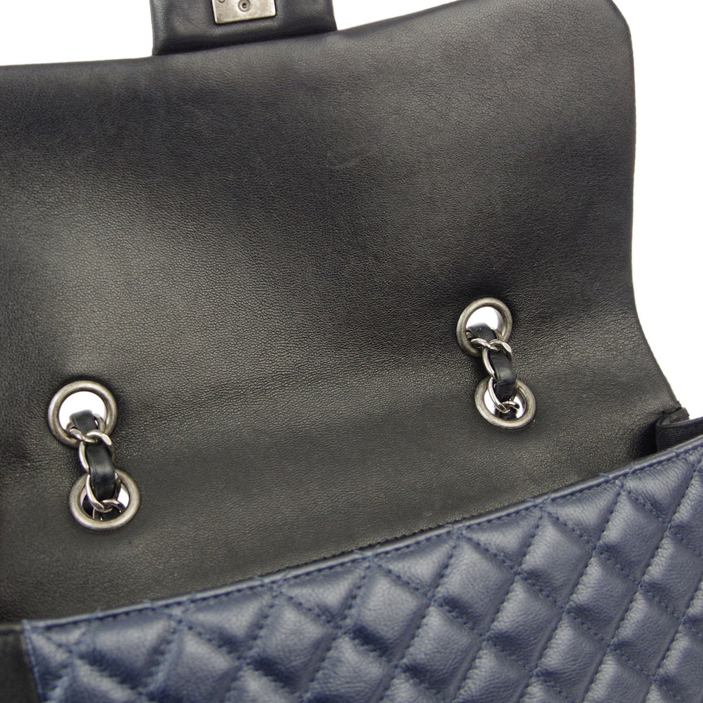 Chanel 2017-2018 Black Blue Lambskin Single Flap Shoulder Bag