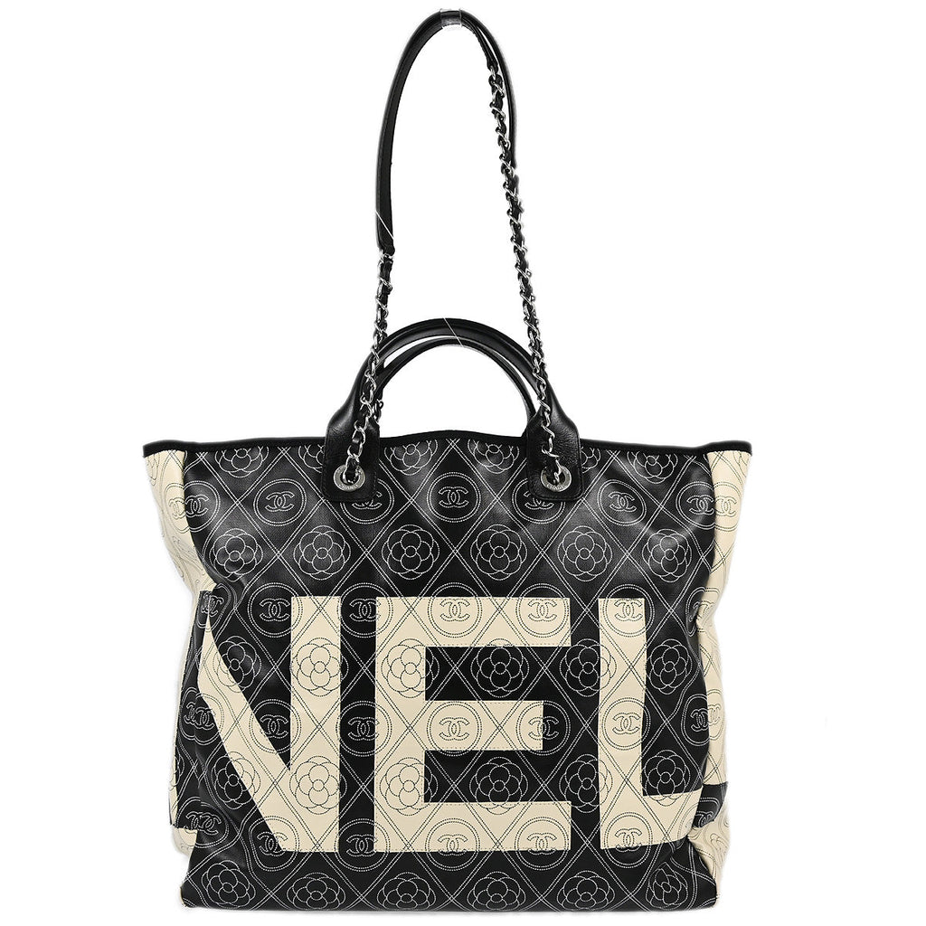 Chanel 2018 Black Printed Coated Canvas Camellia Shopping 2way Shoulder Tote Handbag