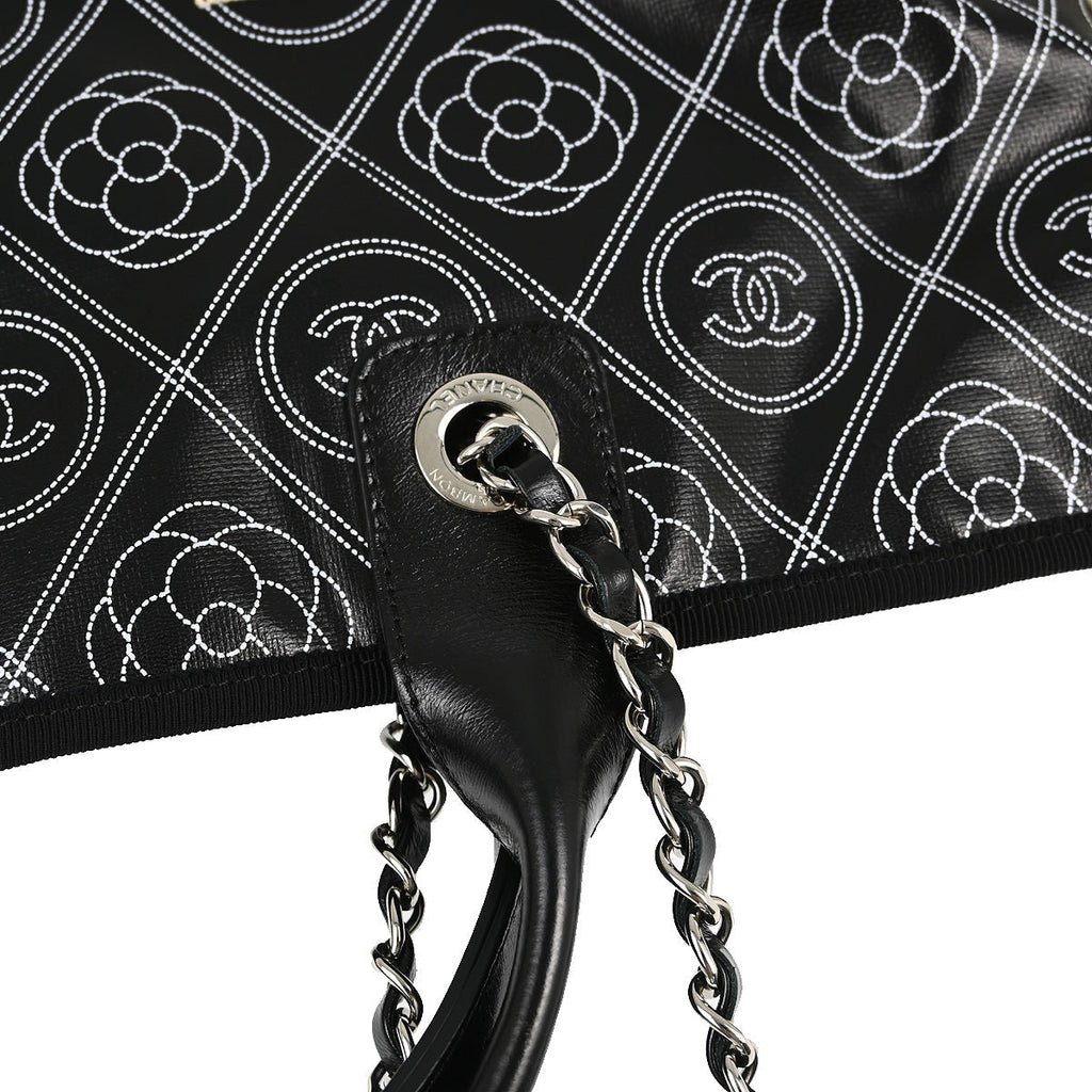 Chanel 2018 Black Printed Coated Canvas Camellia Shopping 2way Shoulder Tote Handbag