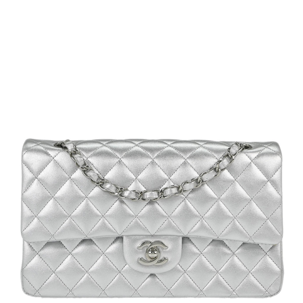 Chanel * 2010-2011 Silver Lambskin Medium Classic Double Flap Shoulder Bag