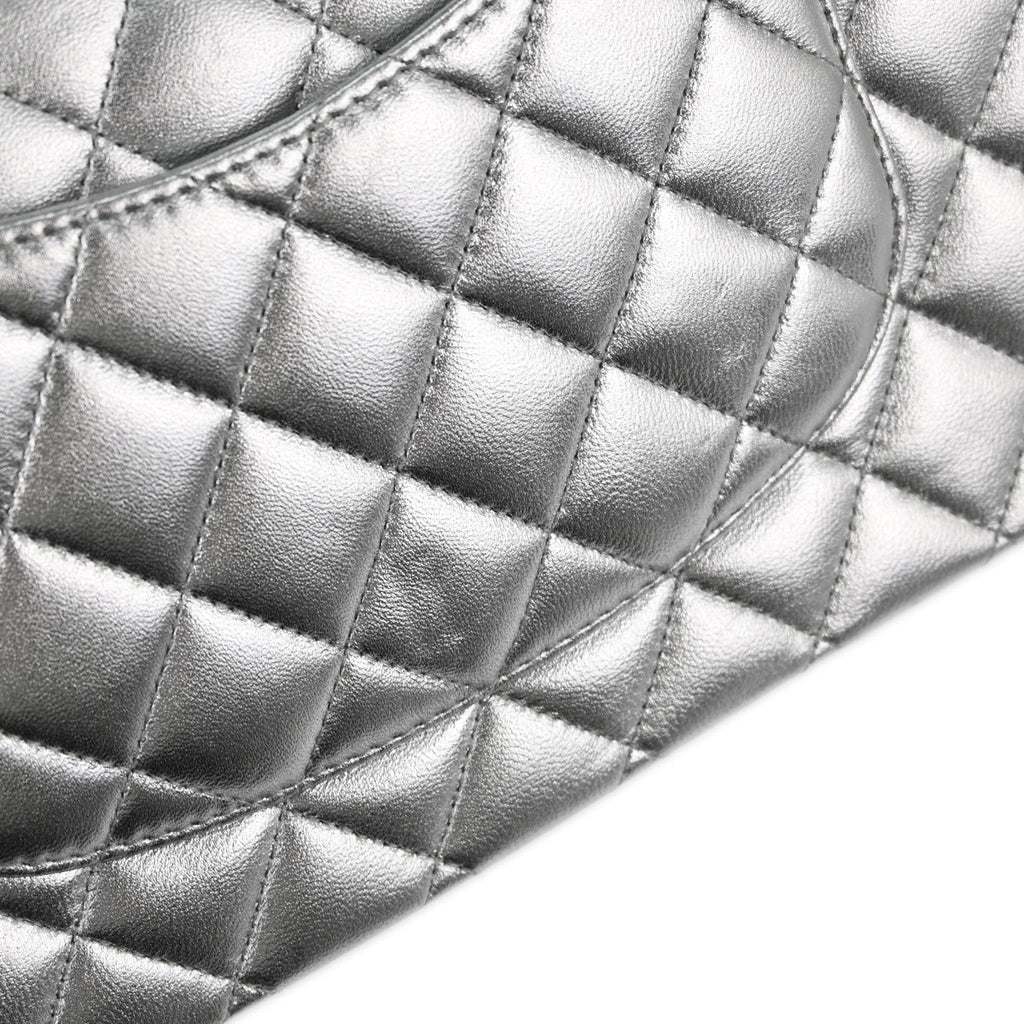Chanel * 2010-2011 Silver Lambskin Medium Classic Double Flap Shoulder Bag