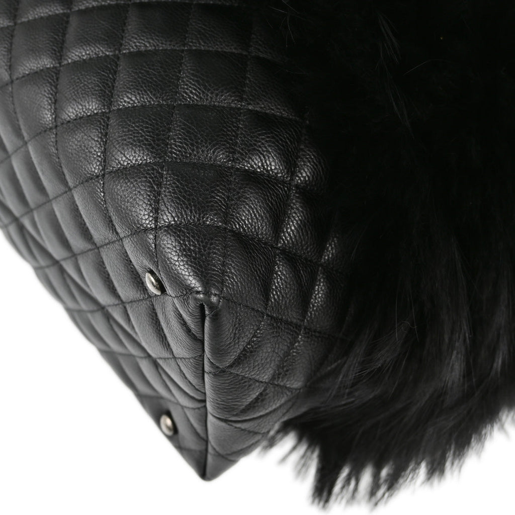 Chanel 2015-2016 Black Fur Caviar Shoulder Tote Bag